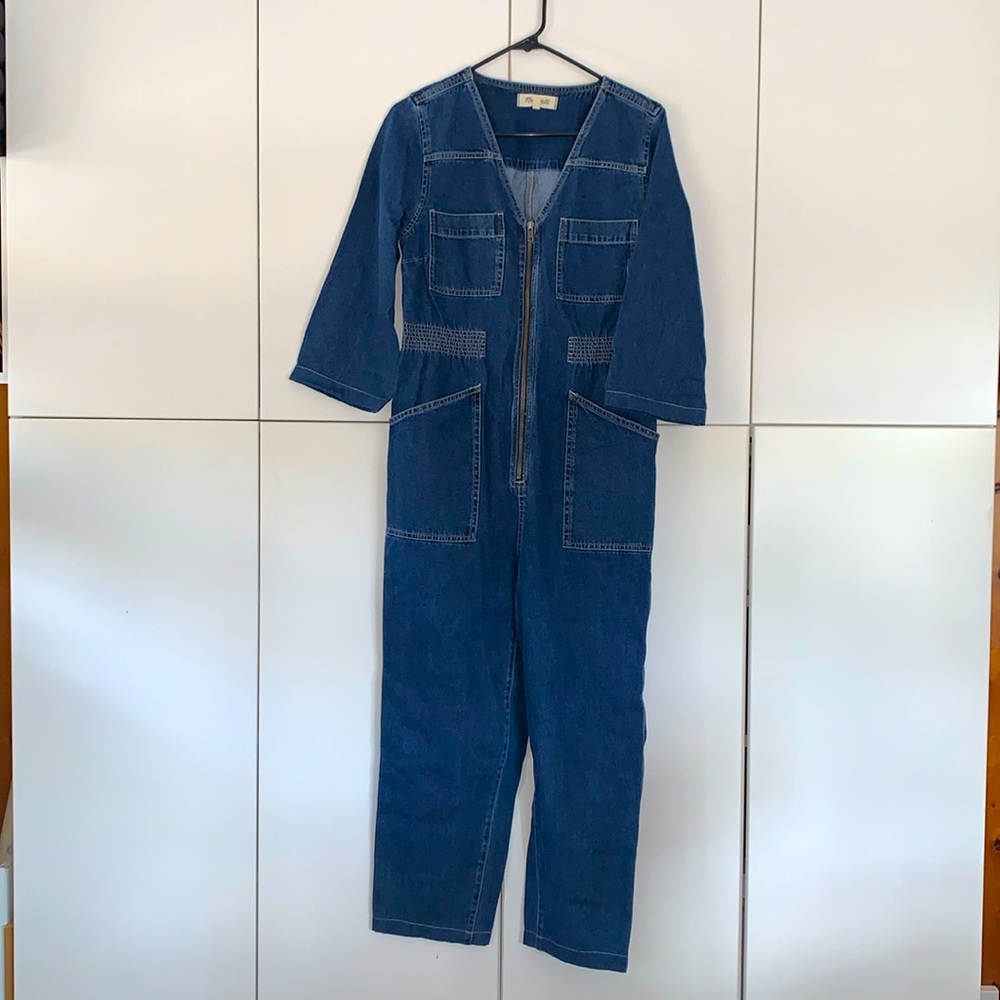 EUC Madewell V-Neck Zip Up Denim 3/4 Sleeve Cropped Jumpsuit szM